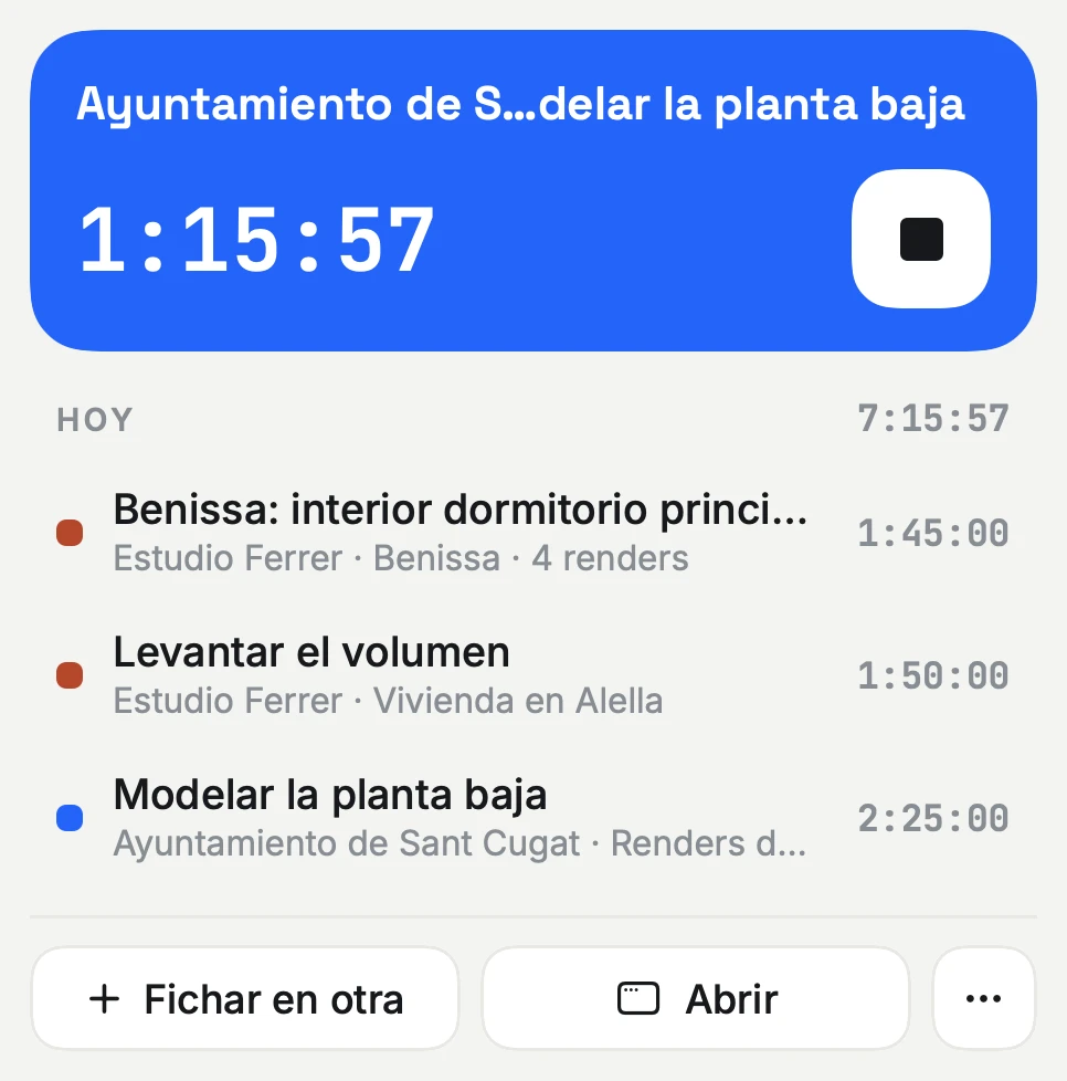 El desplegable de la barra con el crono en marcha y lo fichado hoy