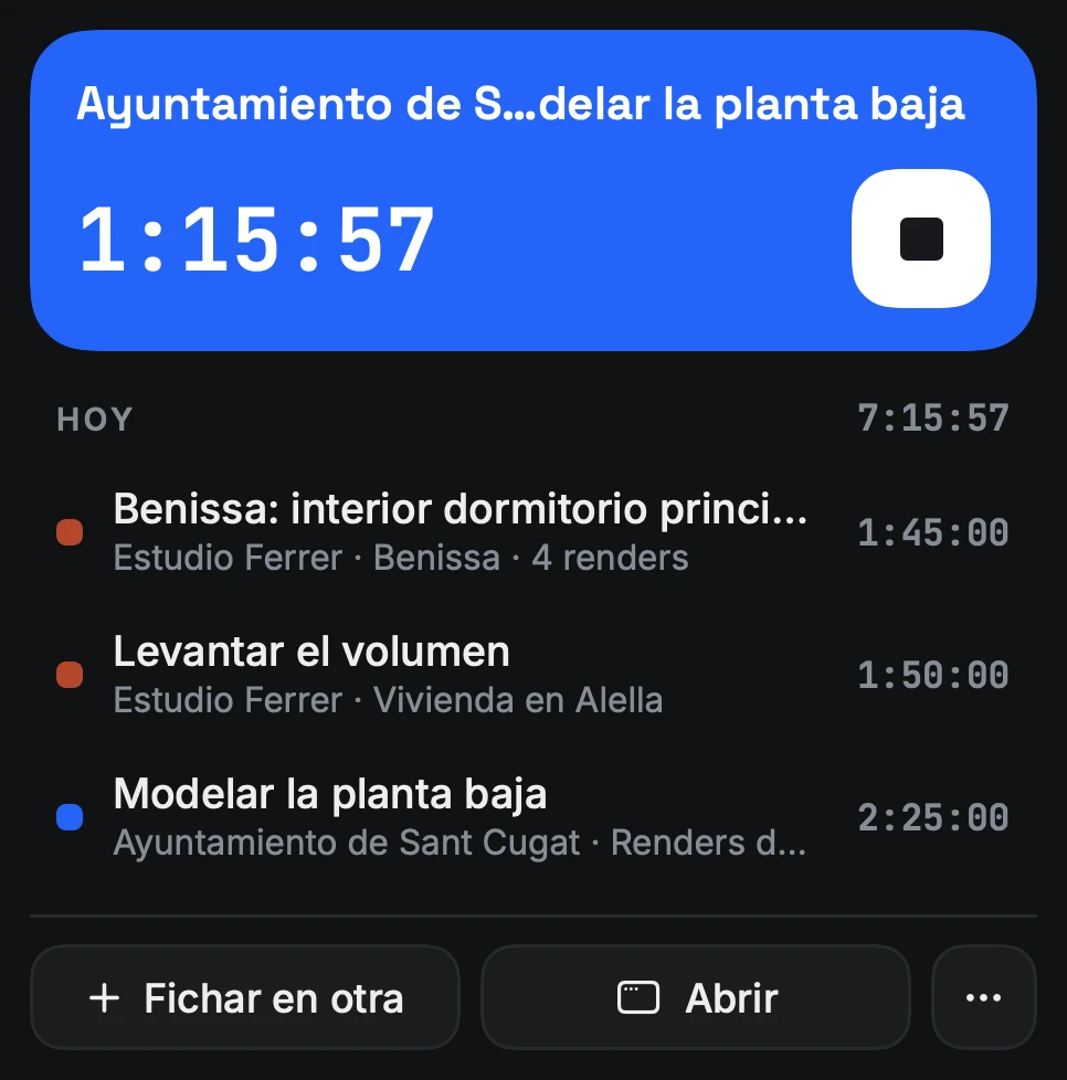 El desplegable de la barra con el crono en marcha y lo fichado hoy