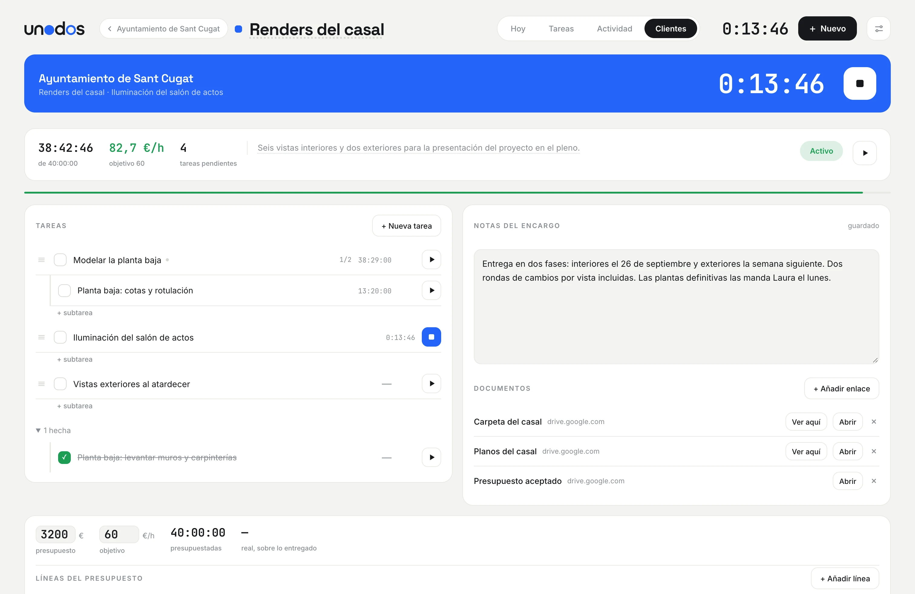 La ficha de un proyecto en un MacBook Pro: horas, euros por hora, tareas, notas y documentos