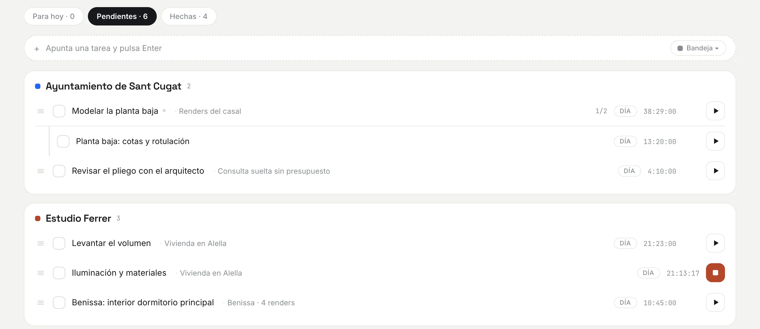 La lista de tareas de unodos, agrupada por cliente